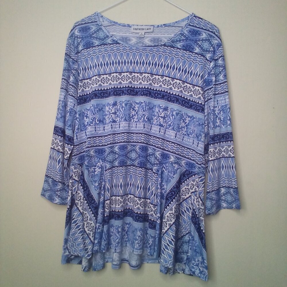 Southern Lady Blouse Shirt L Women 3/4 Sleeve Soft Stretch Pattern Blue